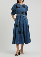 Lovebirds Floral-appliqued Belted Denim Midi Dress Blue