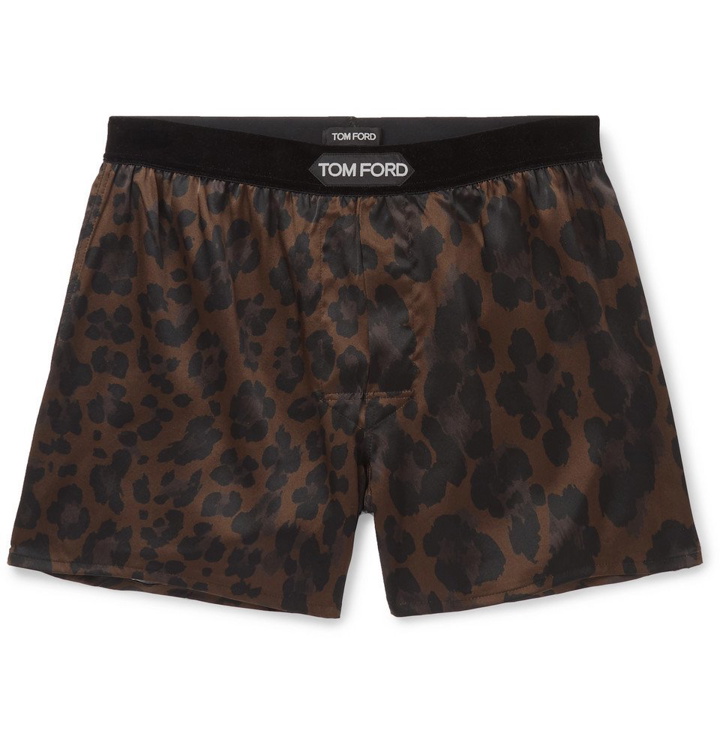 Photo: TOM FORD - Velvet-Trimmed Leopard-Print Stretch-Silk Boxer Shorts - Chocolate