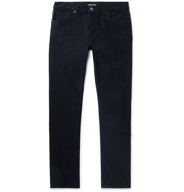 Photo: TOM FORD - Navy Slim-Fit Cotton-Blend Moleskin Trousers - Blue