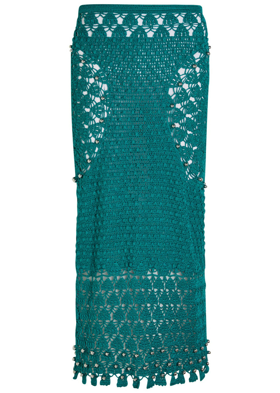Rabanne Bead-embellished Crochet Cotton Midi Skirt Green