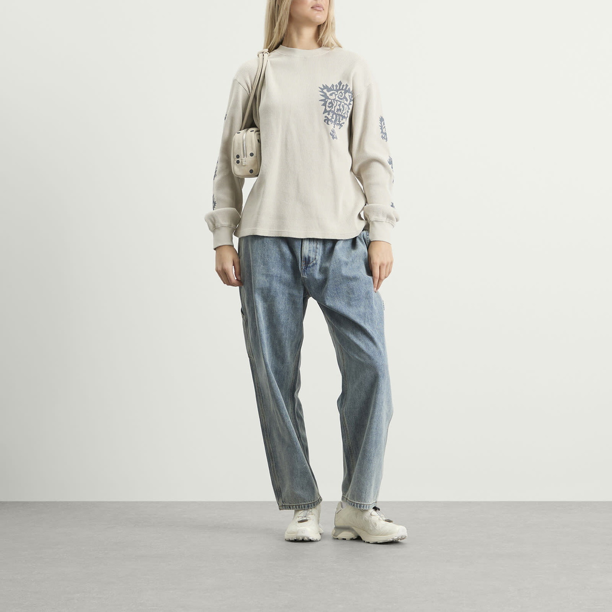YESEYESEE Women's Y.E.S Stamp Waffle Long Sleeve in Ecru