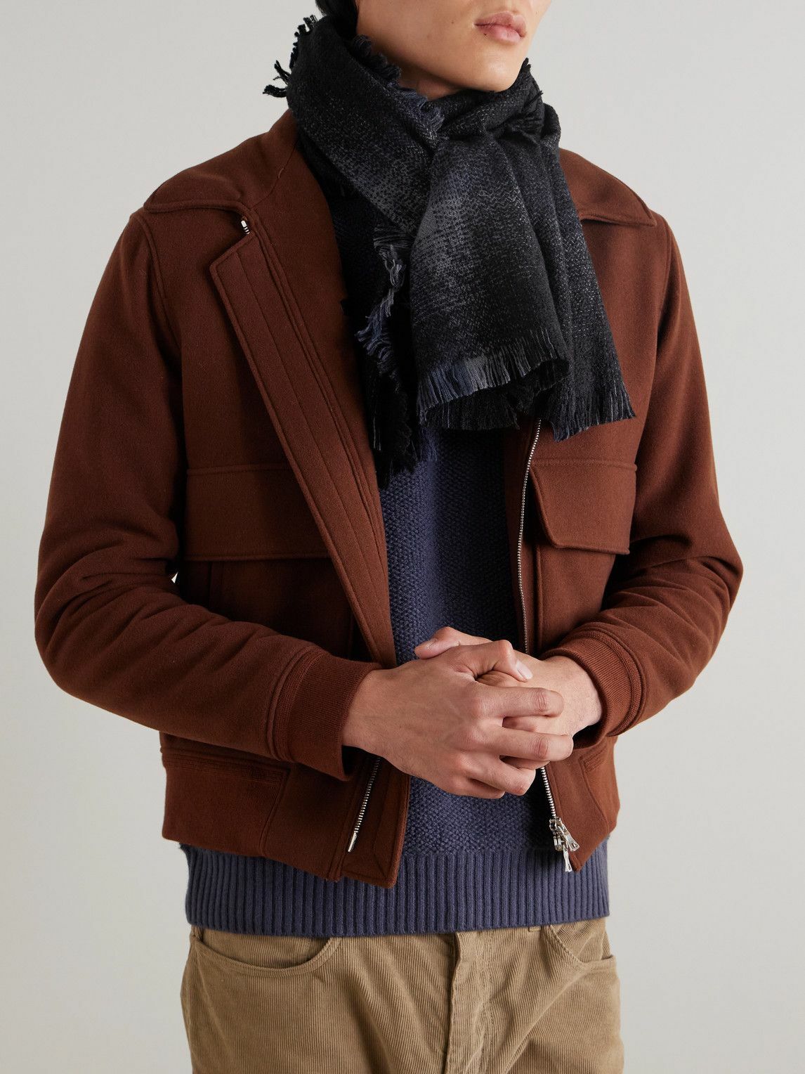 Johnstons of Elgin - Frayed Checked Cashmere and Silk-Blend Bouclé Scarf