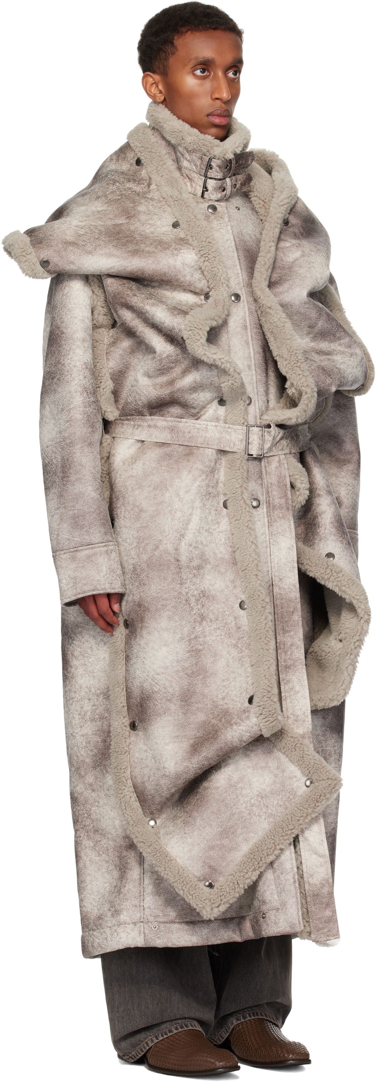 Y/Project Gray Snap Off Panel Hood Aviator Faux-Shearling Coat Y