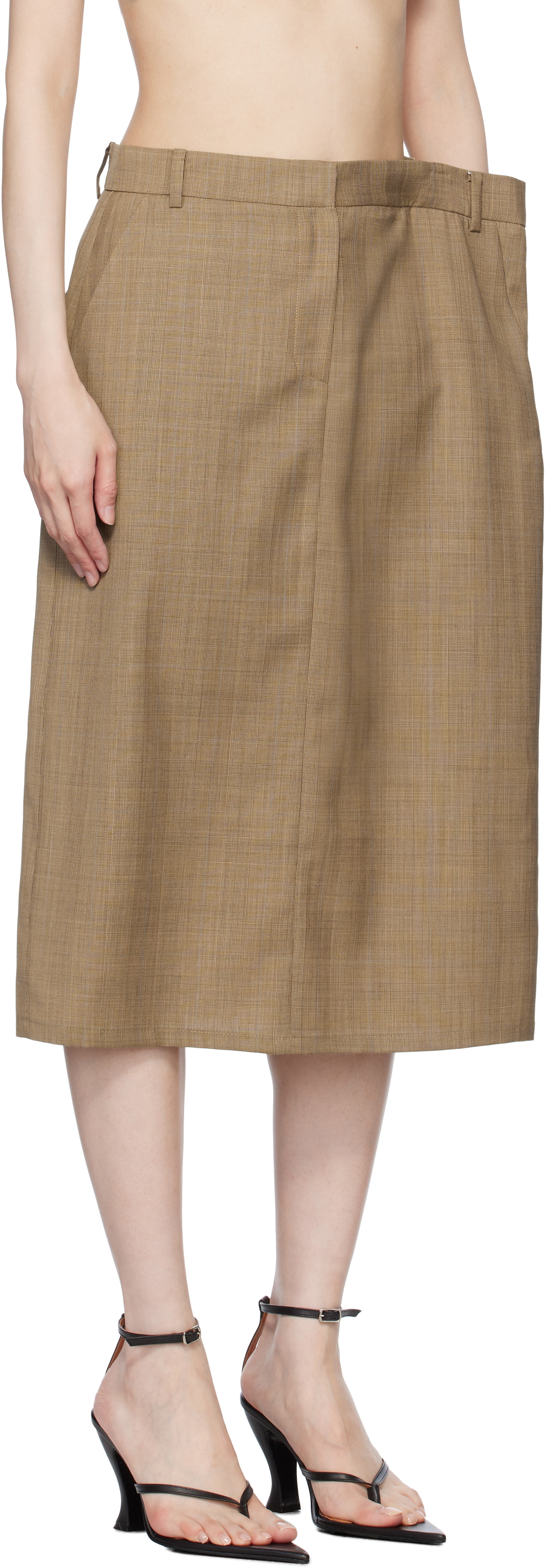 Pushbutton Beige Side Folded H Line Midi Skirt