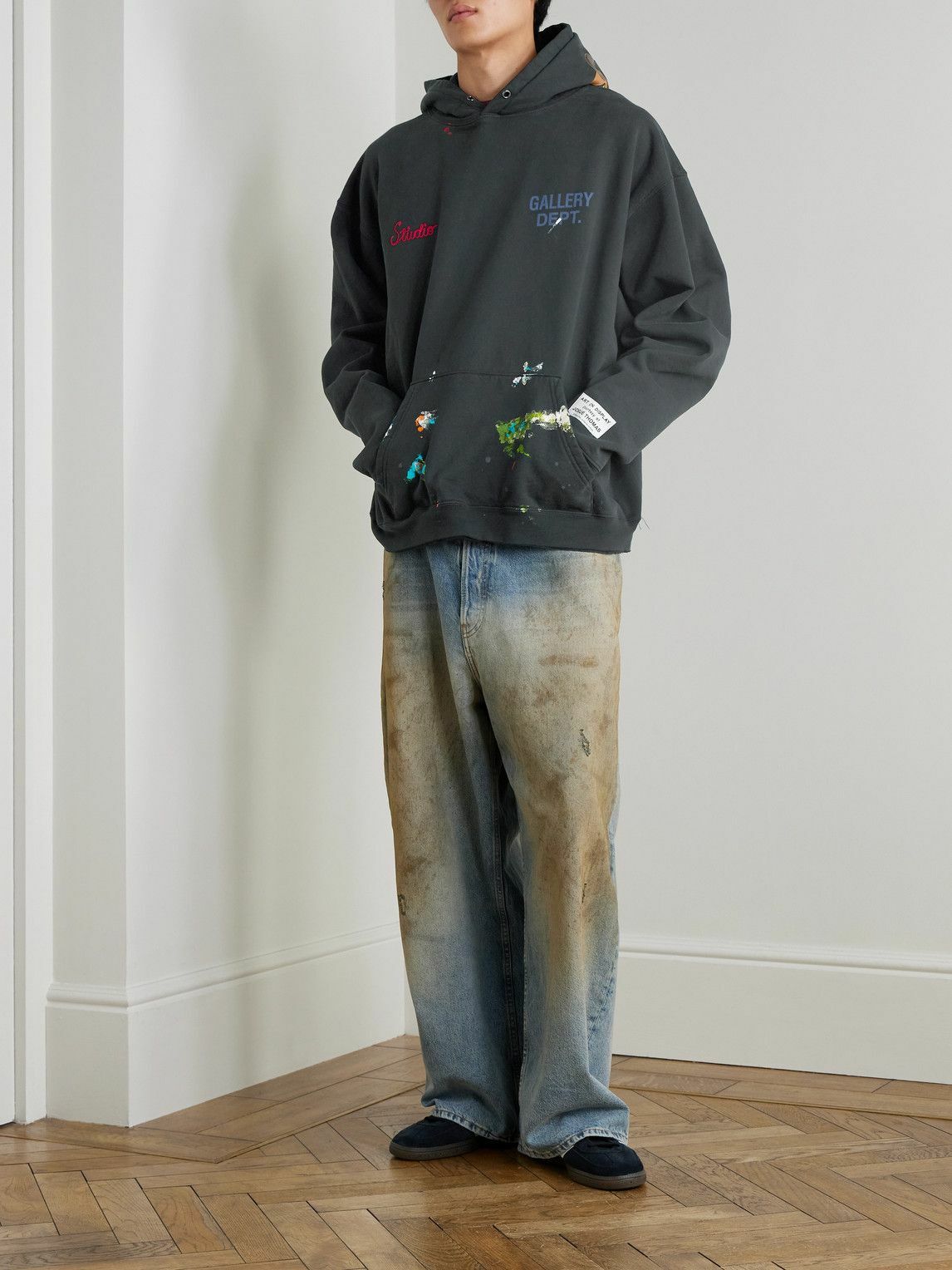 Gallery Dept. - Paint-Splattered Embellished Cotton-Jersey Hoodie - Black