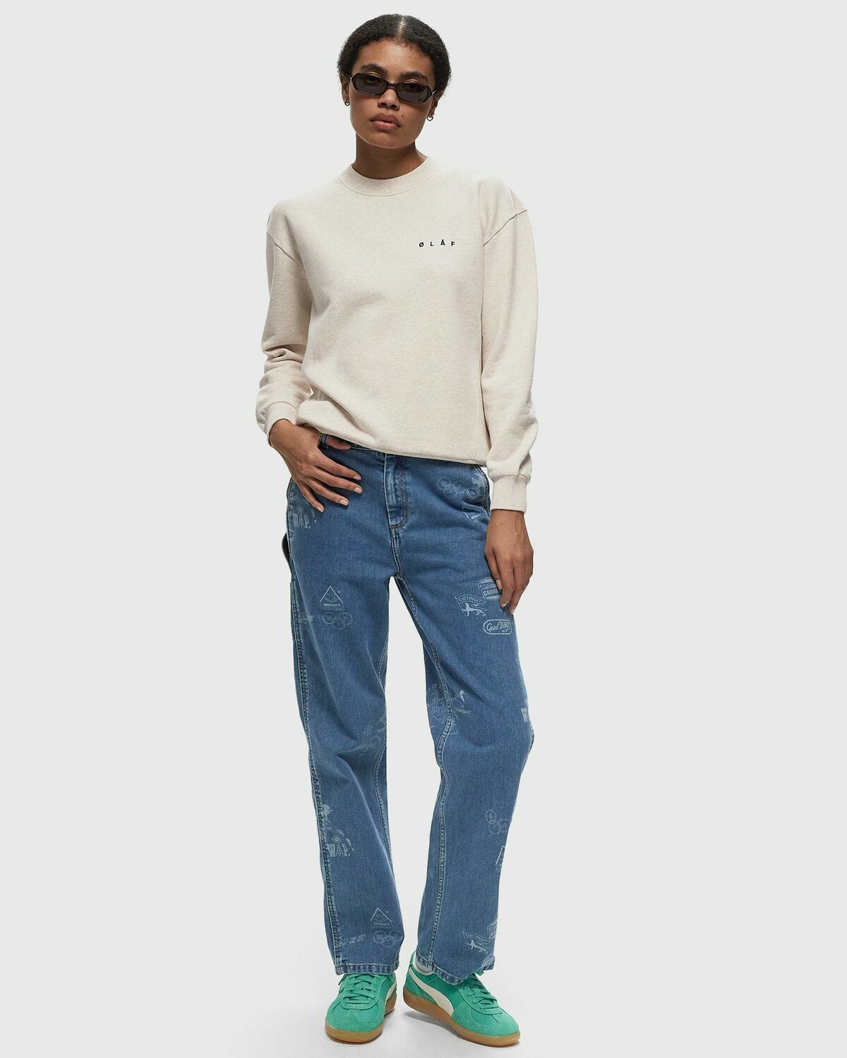 ølåf Scribble Face Crew Neck Beige Sweatshirts