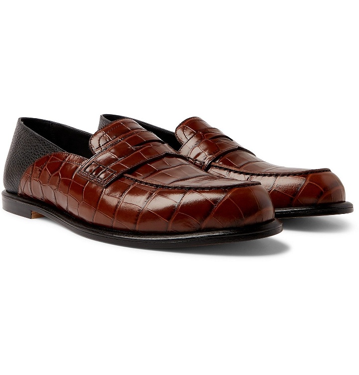 Photo: Loewe - Collapsible-Heel Croc-Effect and Full-Grain Leather Penny Loafers - Brown