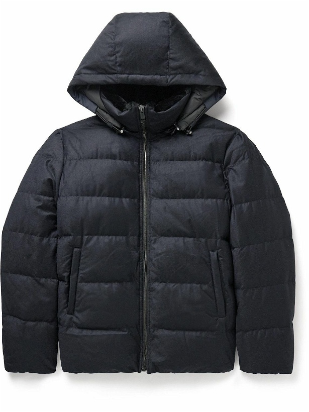Photo: Yves Salomon - Shearling-Trimmed Quilted Virgin Wool and Silk-Blend Hooded Down Coat - Blue