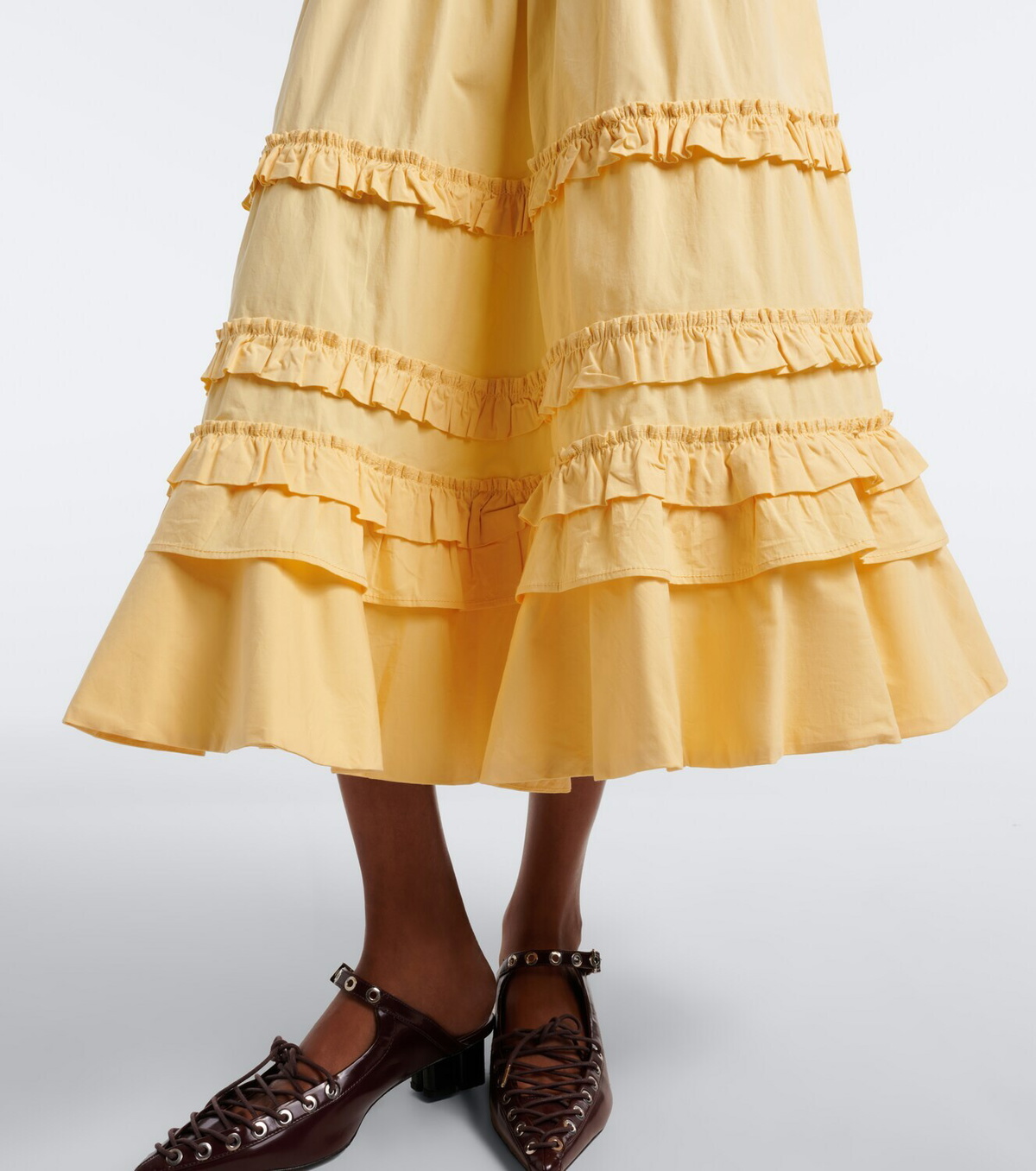 Ganni Ruffled shirred tiered cotton-blend midi skirt