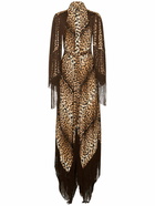 ROBERTO CAVALLI Jaguar Print Satin Fringed Long Dress