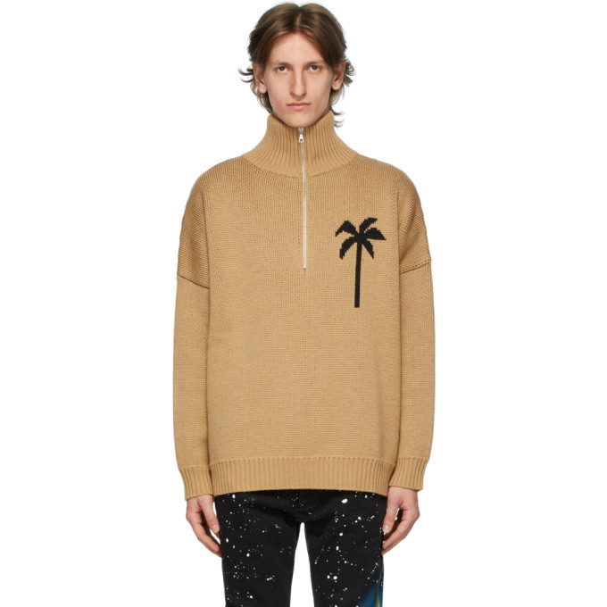 Photo: Palm Angels Tan Wool Zipped Palm Tree Turtleneck