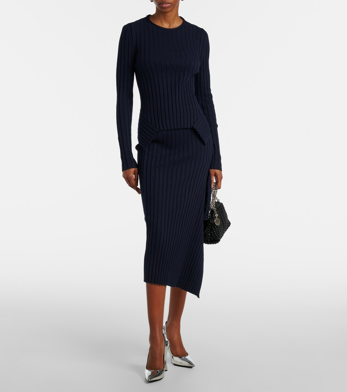 Stella McCartney Ribbed-knit ruffled cotton midi skirt