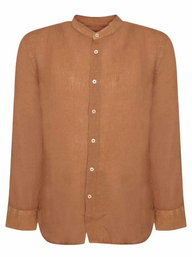 Photo: 120% Lino Slim Fit Curry Linen Shirt With Mandarin Collar