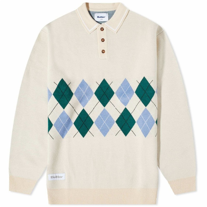 Photo: Butter Goods Men's Long Sleeve Diamond Knit Polo Shirt in Cream