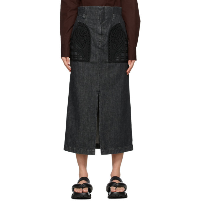 Mame Kurogouchi Black Denim Embroidered Skirt Mame Kurogouchi