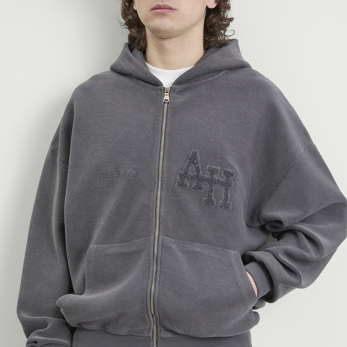 ANNIE HOOD Men's Inside Out College Zip Hoodie in Washed Black