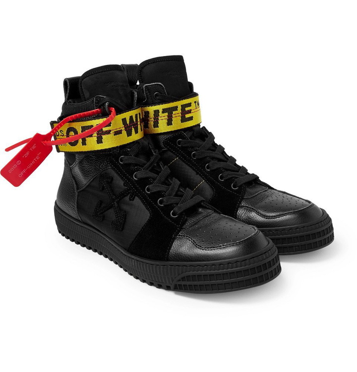 Photo: Off-White - Industrial Full-Grain Leather, Suede and Ripstop High-Top Sneakers - Men - Black