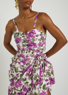 Chloe Floral-print Gathered Cotton Mini Dress Purple