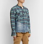 Greg Lauren - Grandad-Collar Panelled Distressed Checked Cotton-Flannel and Denim Shirt - Blue