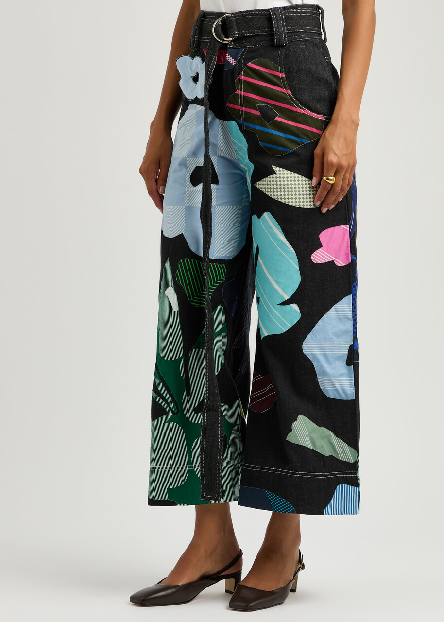 Lovebirds Printed and Appliquéd Chambray Trousers Black