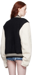 Pushbutton Black & White Leather Sleeve Bomber Jacket