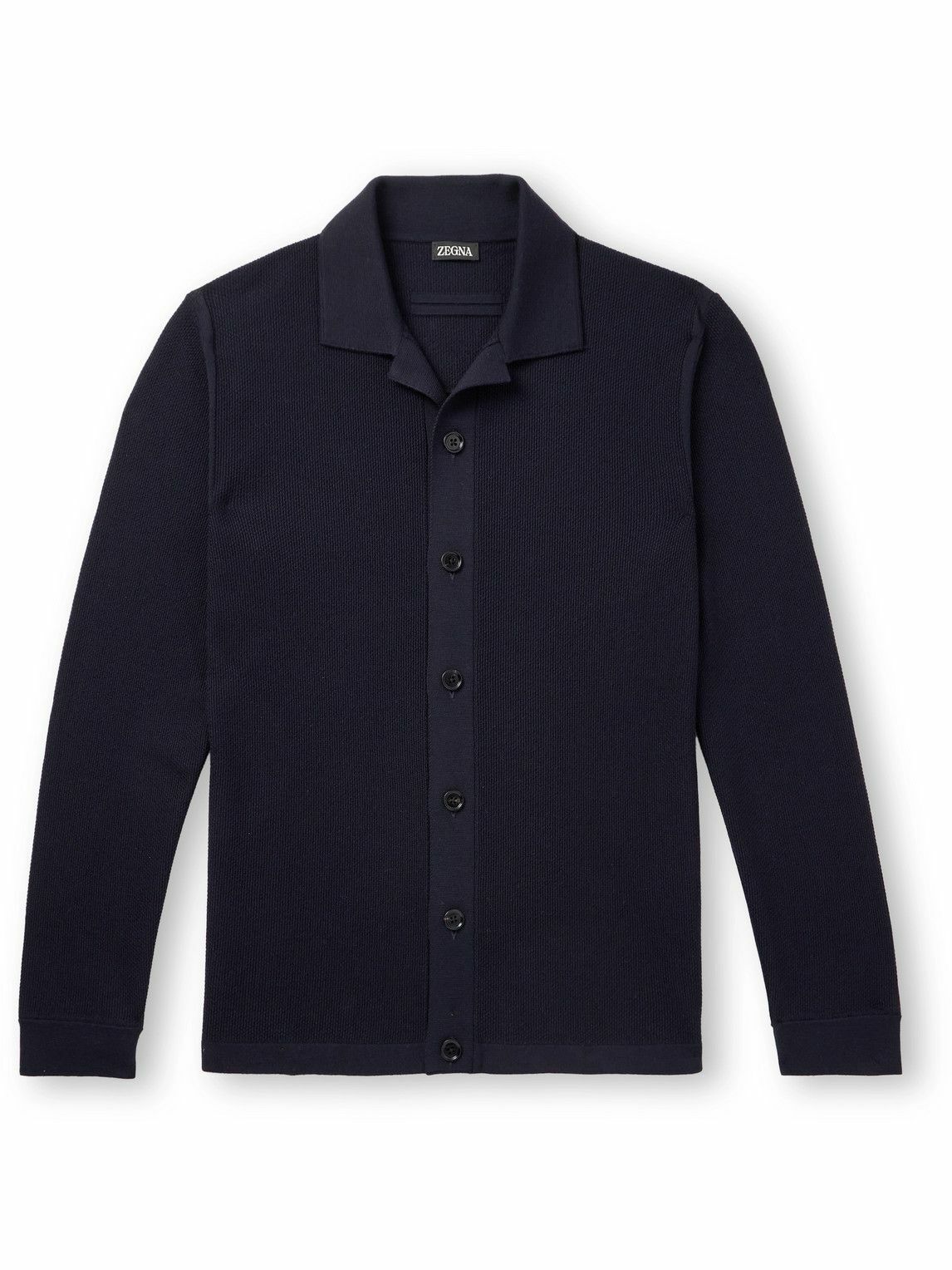 Zegna - Camp-Collar Wool-Piqué Cardigan - Blue