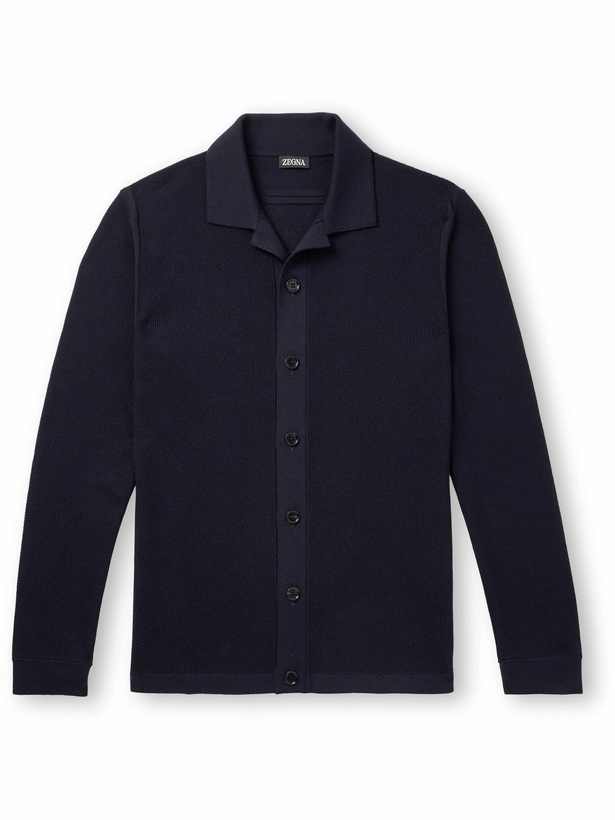Photo: Zegna - Camp-Collar Wool-Piqué Cardigan - Blue