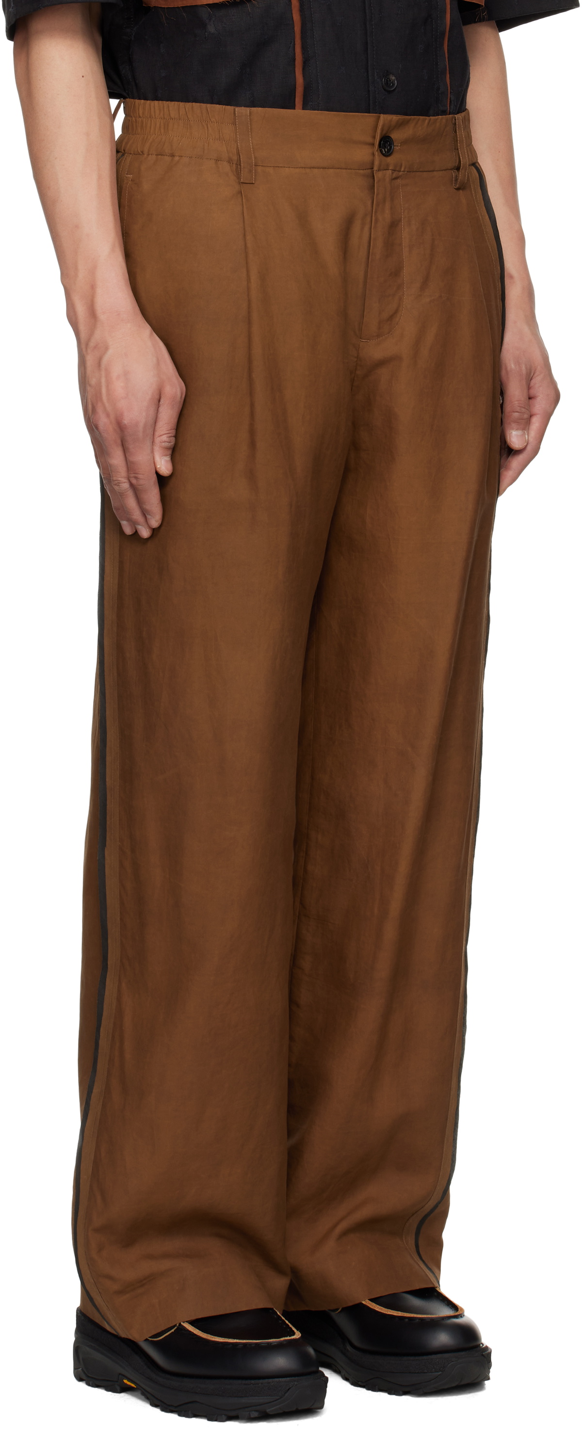 Feng Chen Wang Brown Gambiered Silk Trousers