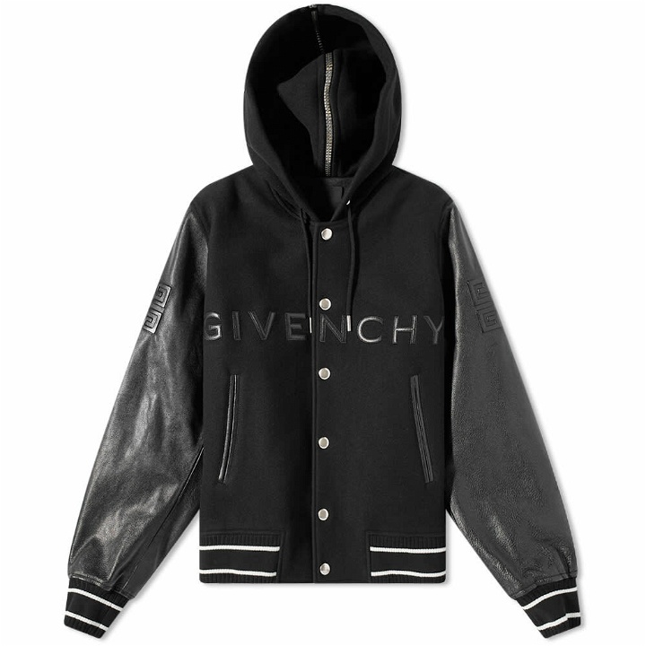 Photo: Givenchy Men's Logo Leather Hooded Varsity Jacket in Black