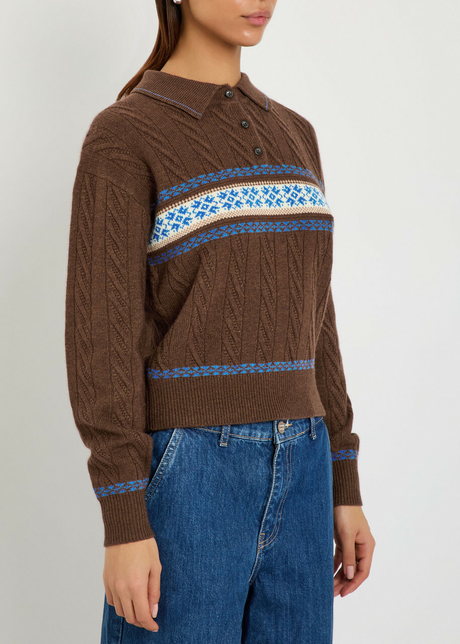 Guest In Residence Cable Collegiate Patterned Wool and Cashmere-blend Polo Shirt Brown