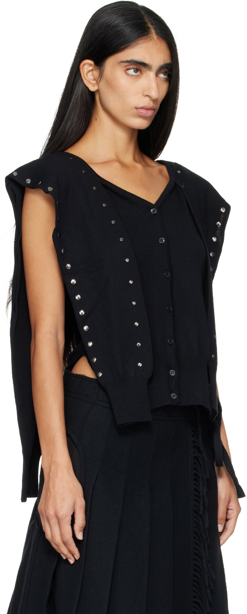 OPEN YY Black Stud Sleeve Layered Cardigan