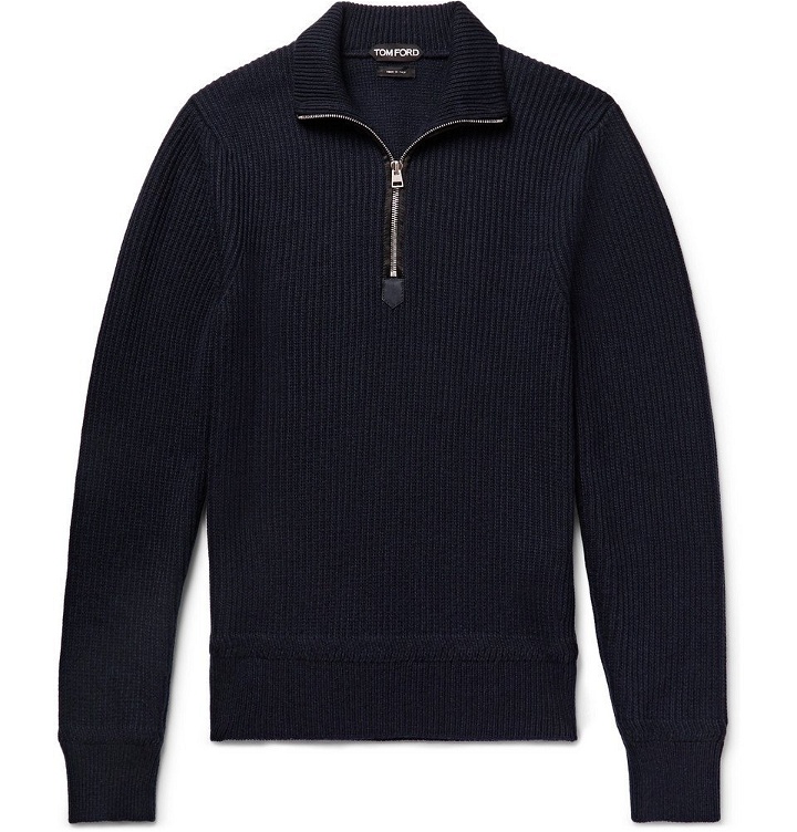 Photo: TOM FORD - Slim-Fit Ribbed Merino Wool and Cashmere-Blend Half-Zip Sweater - Navy