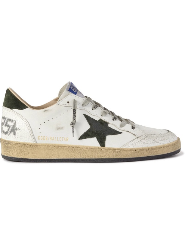 Photo: Golden Goose - Ballstar Distressed Leather and Suede Sneakers - White