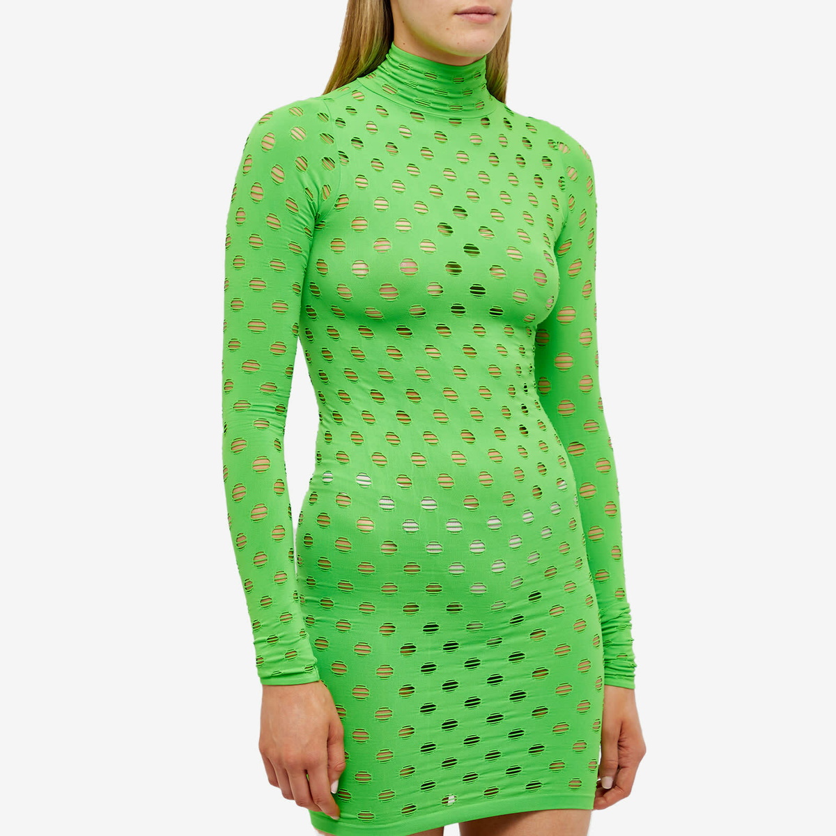 Maisie Wilen Women's Perforated Turtleneck Mini Dress in Chartreuse Maisie  Wilen