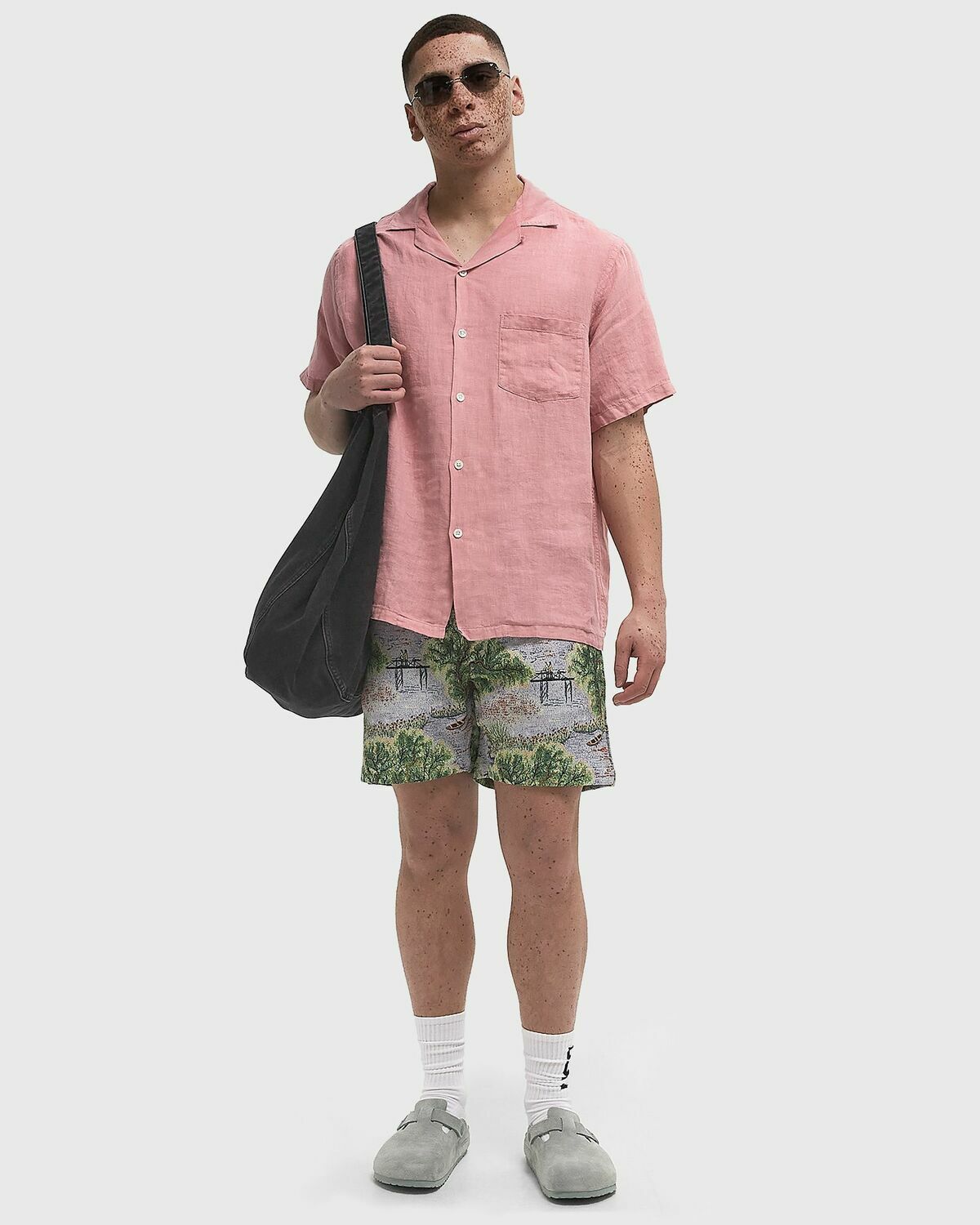 Portuguese Flannel Linen camp collar pink Mens Shortsleefe