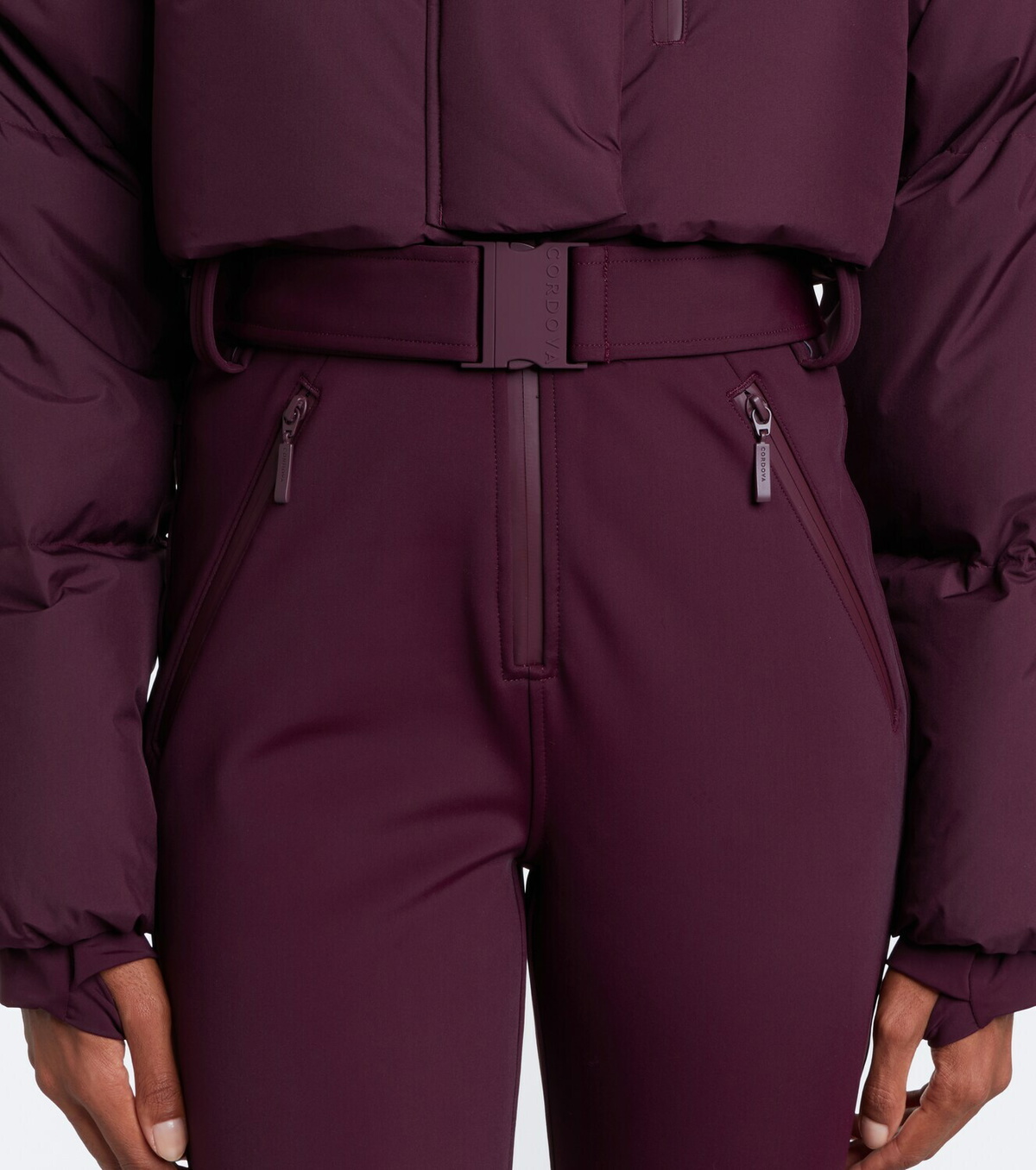Cordova Myoko belted down ski suit