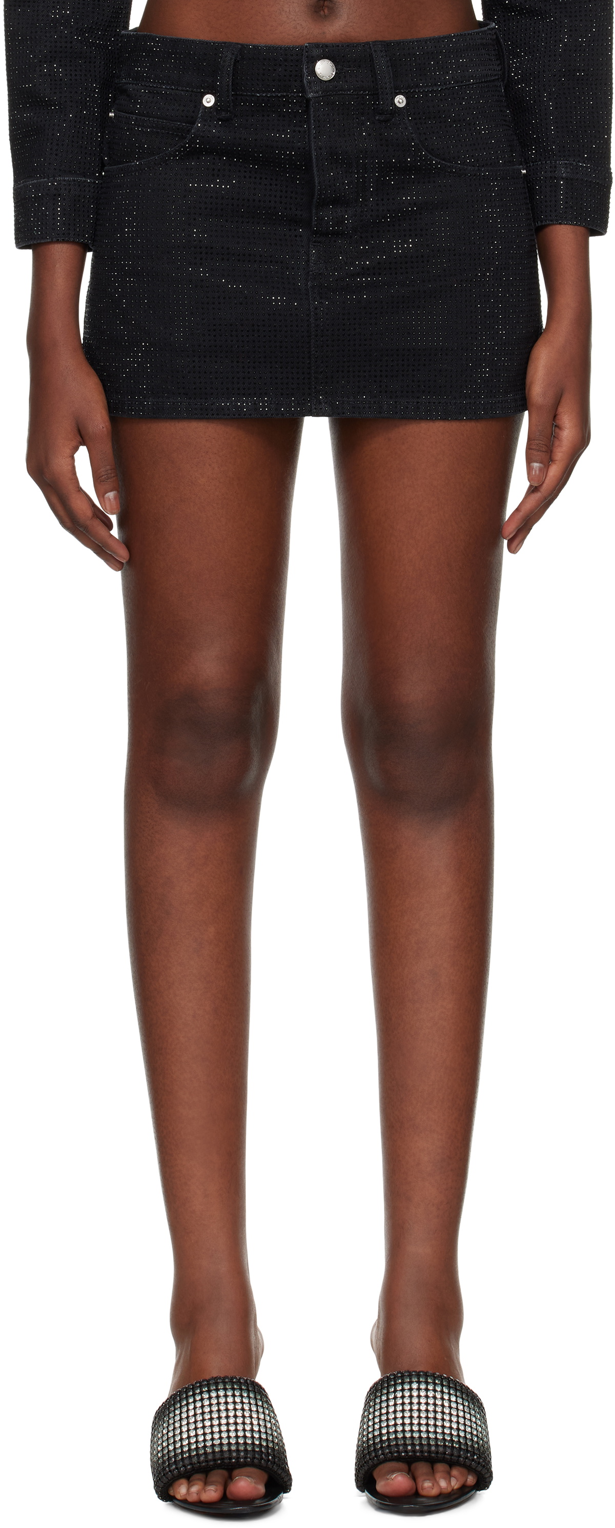 Alexander Wang Black Allover Tonal Hotfix Denim Miniskirt