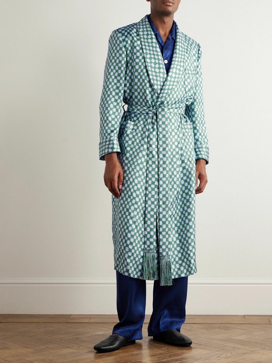 Charvet - Belted Printed Silk-Twill Robe - Blue