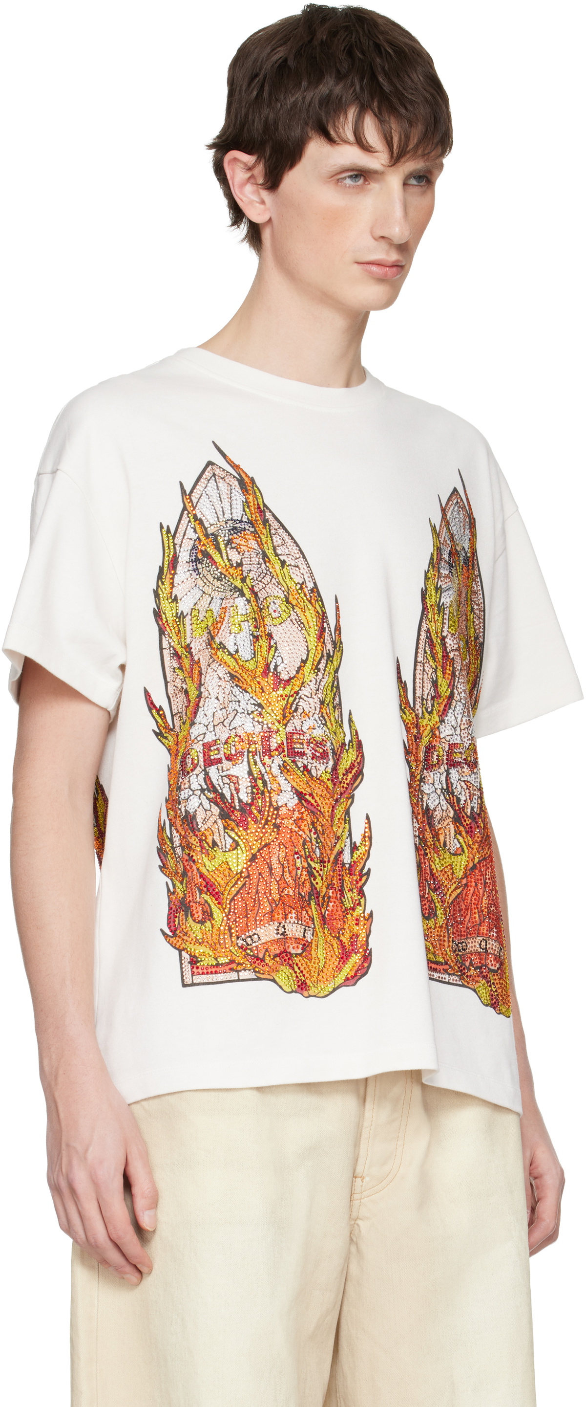 Who Decides War White Rhinestone Flame Glass T-shirt
