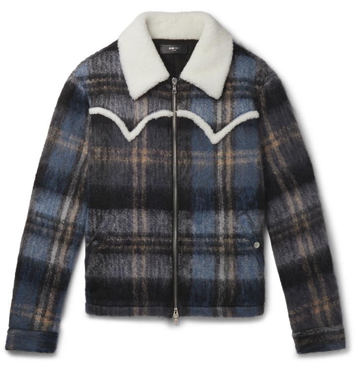 Photo: AMIRI - Shearling-Trimmed Checked Mohair-Blend Jacket - Blue