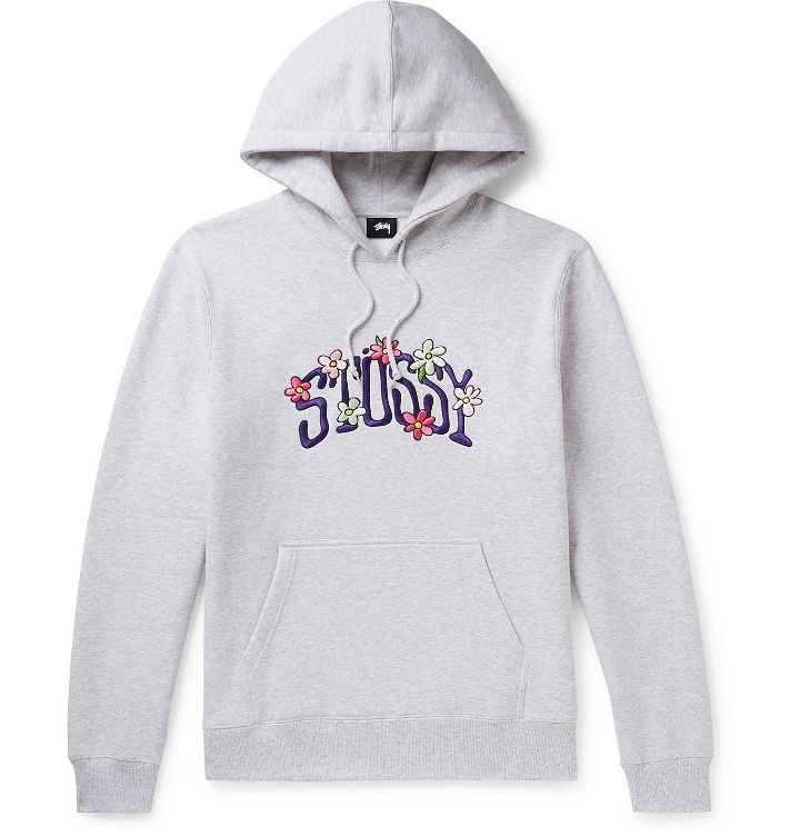 Photo: Stüssy - Logo-Embroidered Fleece-Back Cotton-Blend Jersey Hoodie - Gray