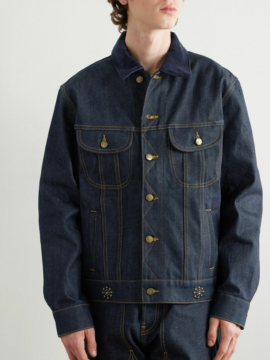 Cherry Los Angeles - Cotton-Blend Corduroy-Trimmed Embellished Denim Jacket - Blue