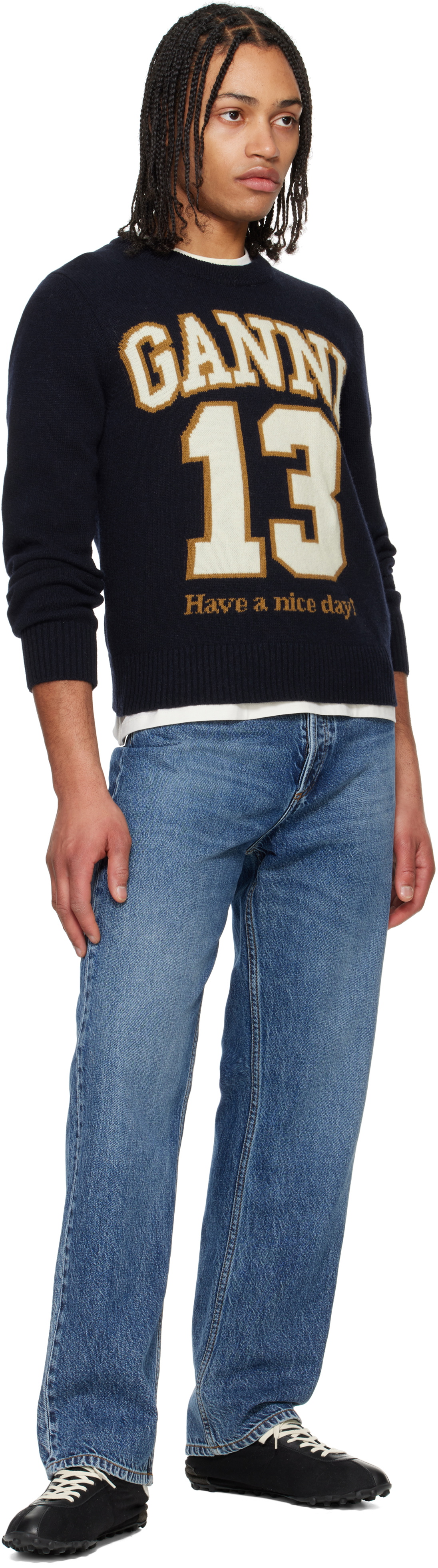 GANNI Navy Graphic Wool Mix Baseball Sweater