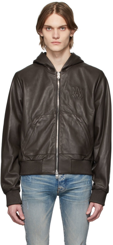 Photo: AMIRI Brown Leather Logo Hooded Jacket
