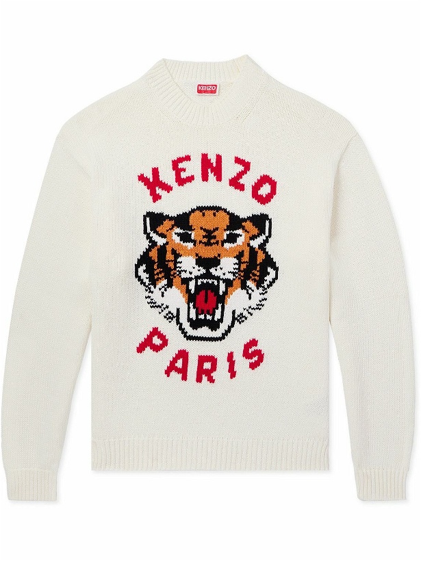 Photo: KENZO - Lucky Tiger Logo-Jacquard Cotton-Blend Sweater - White