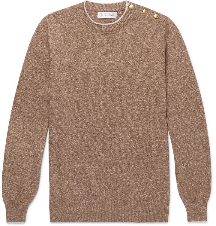 Photo: Brunello Cucinelli - Button-Trimmed Mélange Cotton Sweater - Tan