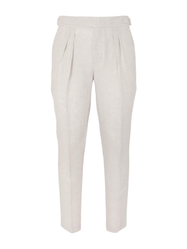 Photo: Mr P. - Steve Tapered Pleated Herringbone Linen Trousers - Neutrals