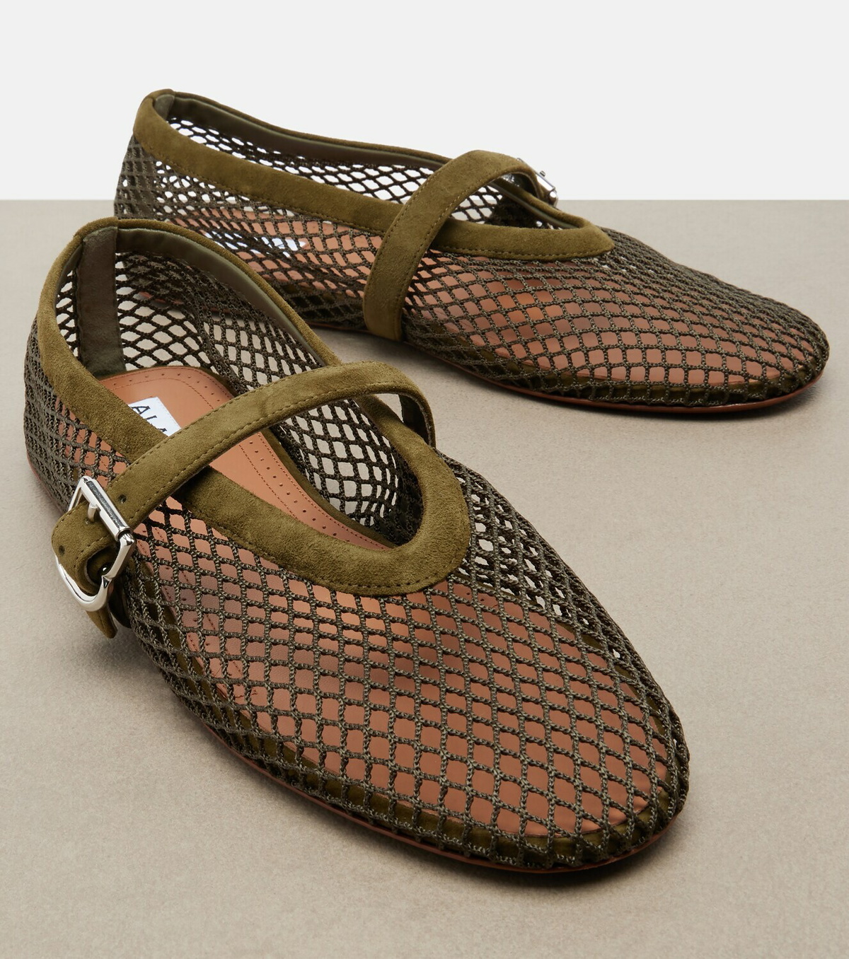 Alaïa Fishnet suede-trimmed Mary Jane flats