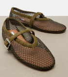 Alaïa Fishnet suede-trimmed Mary Jane flats