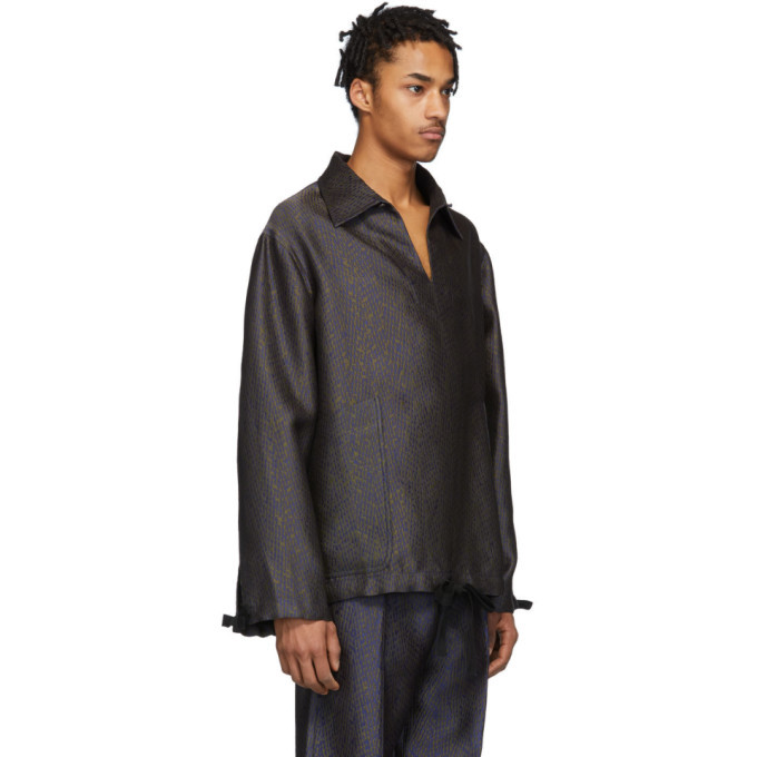 Nicholas Daley Khaki and Blue Jaquard Pattern Pullover Shirt 